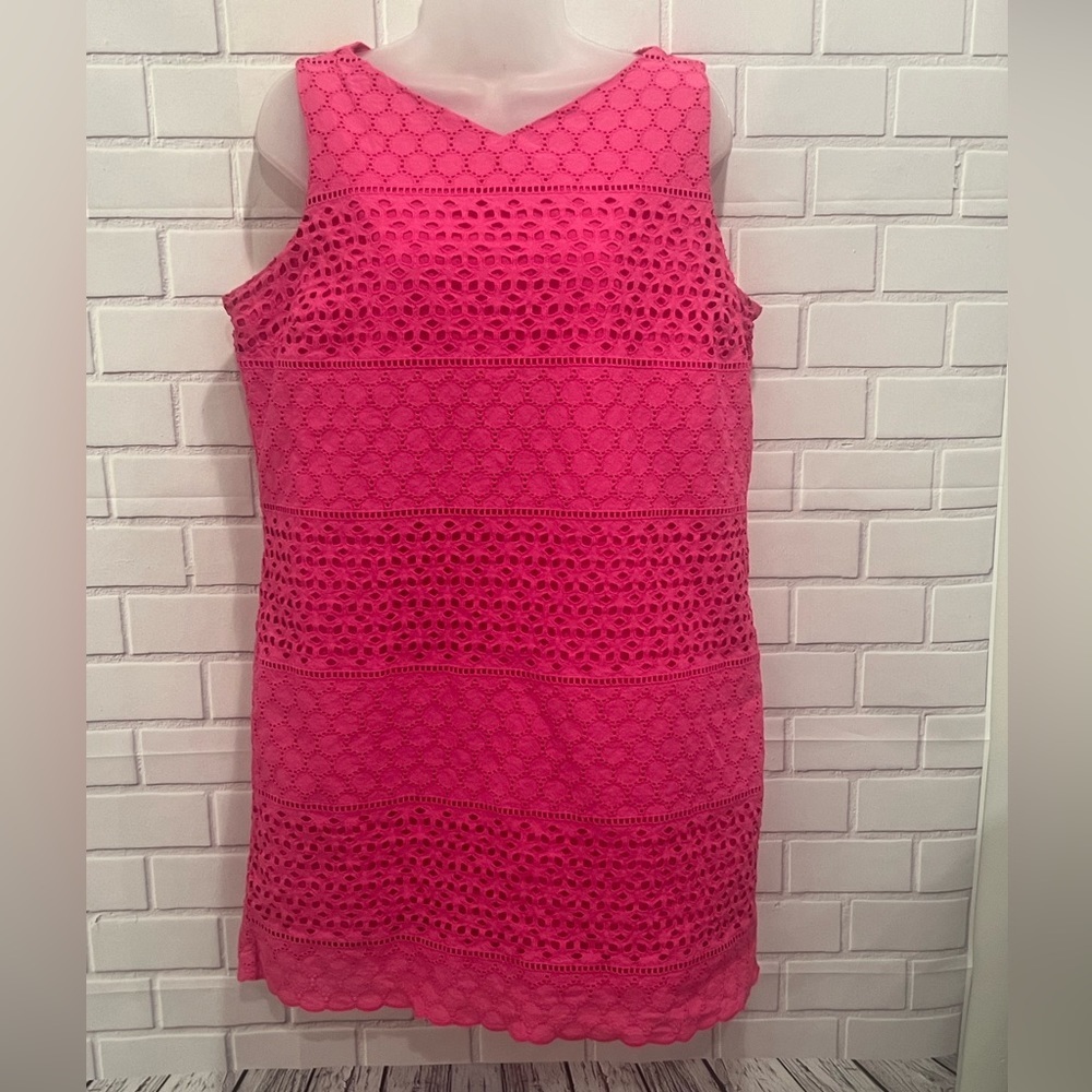LANDS END  sleeveless eyelet cotton summer preppy  fuchsia Barbiecore dress/16P